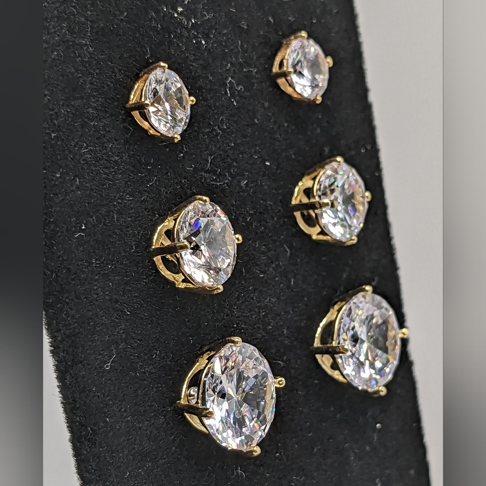 White Sapphire Earrings, 18k Gold over Sterling Silver, 3 Sizes in Set NWOT